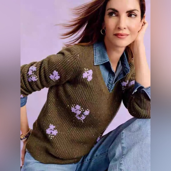 Talbots Sweaters - Talbots Olive V-Neck Sweater with Purple Floral Design